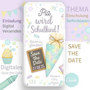 Save-the-date for the first day of school First day of school Digital invitation Canva First day of school celebration Start of school School cone Soap bubbles