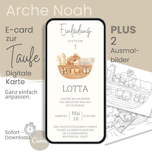 Convite de batismo digital l download instantâneo I Arca de Noé l E-card l Modelo Canva l WhatsApp l com desenhos para colorir para crianças visitando