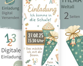 Invitation (2 pages) First day of school Digital invitation (Canva) First day of school celebration Start of school School cone Space rocket