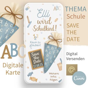 Reserve a data para matrícula escolar l Primeiro dia de aula | Convite digital Canva template enviável via WhatsApp – design aquarela – bege azul