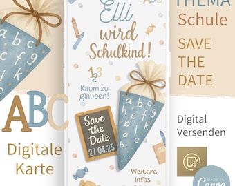 Reserva la fecha para la inscripción escolar l Primer día de clases | Plantilla de invitación digital de Canva para enviar por WhatsApp – diseño de acuarela – azul beige