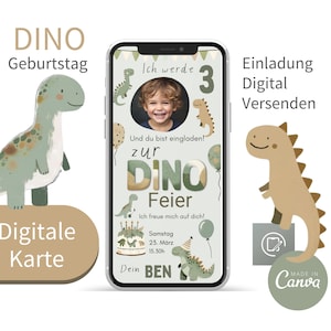 Tarjeta de invitación digital cumpleaños infantil invitación dinosaurio, invitación de cumpleaños eCard invitación dinosaurio a través de WhatsApp plantilla Canva Ben