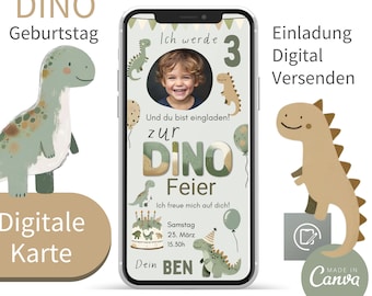 Digital invitation card children&#39;s birthday dino invitation, eCard birthday invitation dinosaur invitation via WhatsApp template Canva Ben