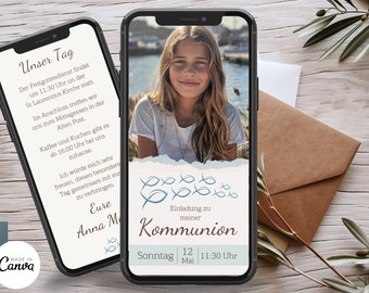 Kommunion l Konfirmation l 2seitige animierte Einladung l Digitale Einladung mit Foto I zwei Seiten l e-card Vorlage für Canva l WhatsApp