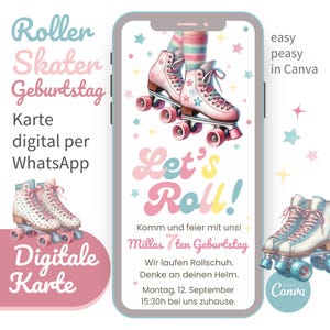Puede incluir: Una invitación de cumpleaños digital con temática de patines. La invitación presenta un par de patines rosas y blancos con un gráfico rosa y amarillo "Let's Roll!" El texto de la invitación dice "Milla's 7th Birthday. Come and celebrate with us!"