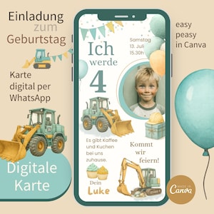 Tarjeta de invitación digital I Cumpleaños infantil excavadora I Tarjeta electrónica de invitación de cumpleaños I Invitación pala excavadora I Plantilla de WhatsApp Canva