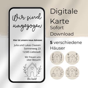 Wir sind umgezogen – Handykarte Vorlage | One Line Haus | 5 Motive zur Auswahl | Digitale Canva-Vorlage | schwarz weiß | Sofort Download