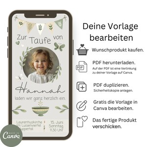 Einladung Handy l Boho Schmetterling l digitale Einladung Taufe l e-card l Vorlage Canva Hannah l WhatsApp Einladung l beige salbeigrün