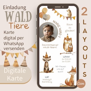 Cartão de convite digital aniversário infantil animais da floresta eCard animais ilustração enviar convite via WhatsApp modelo Canva coruja raposa ouriço