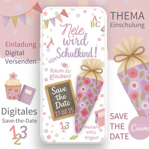Reserva la fecha Inscripción escolar Primer día de clases Invitación digital Canva Ceremonia de inscripción escolar Regreso a clases Cono escolar Flor rosa morada