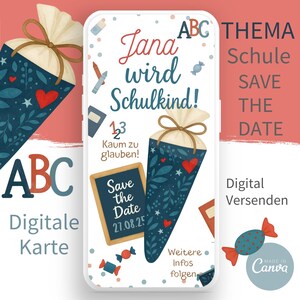 Save-the-date zur Einschulung Erster Schultag Digitale Einladung Canva Einschulungsfeier  Schulanfang Schulstart Schultüte Pferdchen blau