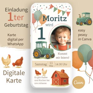 Cartão de convite digital I Primeiro aniversário I Cartão de convite eletrônico I Fazenda de tratores I Download instantâneo I Modelo de WhatsApp Canva