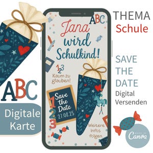 Save-the-date zur Einschulung Erster Schultag Digitale Einladung Canva Einschulungsfeier  Schulanfang Schulstart Schultüte Pferdchen blau