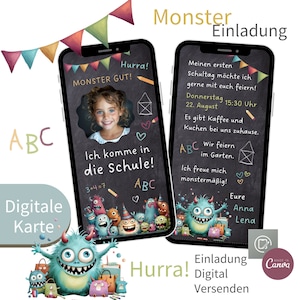 Animierte Monster Einladung zur Einschulung l Einladung erster Schultag I Digitale Einladung e-card Vorlage Canva l Schule beginnt