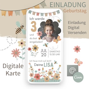Digitale uitnodigingskaart kinderverjaardag I Uitnodiging I eCard verjaardagsuitnodiging I Bijenvlinder bloemen I WhatsApp Canva