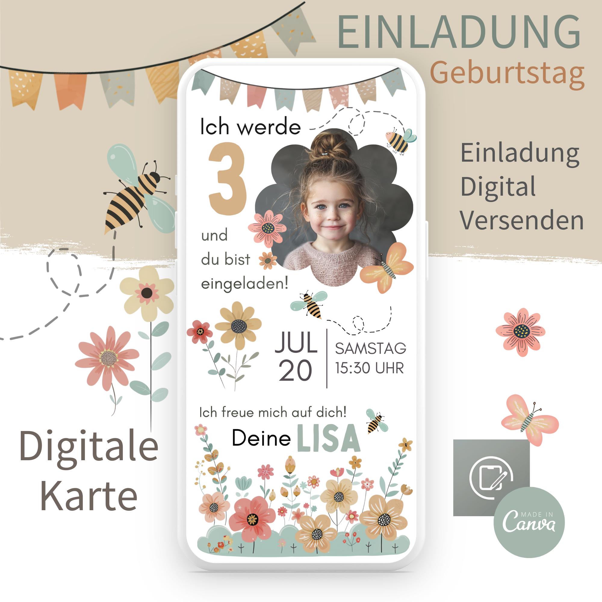 Digital invitation card children's birthday I Invitation I eCard birthday invitation I Bee butterfly flowers I WhatsApp Canva