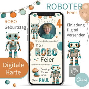 Digitale Einladungskarte Kindergeburtstag Roboter Einladung , eCard Geburtstagseinladung  Roboter Einladung per WhatsApp Vorlage Canva
