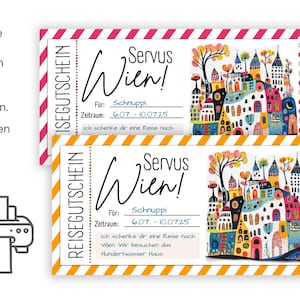 Reisvoucher | Gepersonaliseerde voucher | Weekendje Wenen |  Voucherreizen | Weekendtrip | PDF-sjabloon afdrukken l Oostenrijk