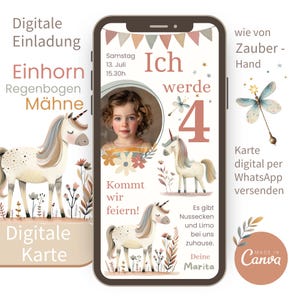 Digitale Einladungskarte Kindergeburtstag I Einladung I  eCard Geburtstagseinladung I Einhorn Regenbogen Mähne l Download sofort I  Canva