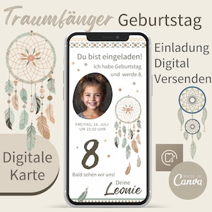 Boho l Traumfänger l Geburtstag 8 Jahre l Digitale Einladung l e-card Vorlage Canva l Leonie l Ich werde 8