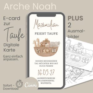 Digitale Einladung zur Taufe l sofort Download I Arche Noah l E-card l Vorlage Canva l WhatsApp l mit Ausmalbildern für Kinderbesuch