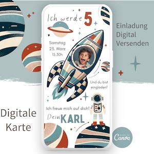 Space Weltraum Astronaut Weltall Kindergeburtstag Digitale Einladung e-card Vorlage Canva