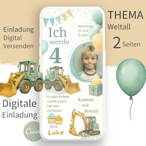Carte d'invitation numérique I Anniversaire enfant excavatrice I Invitation anniversaire eCard I Invitation pelle excavatrice I Modèle WhatsApp Canva
