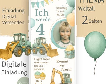 May include: Digital birthday invitation featuring a young boy's photo, construction vehicles, and balloons. The invitation includes the text "Ich werde 4" and "Kommt wir feiern!" in a playful design with a light green and yellow color scheme.