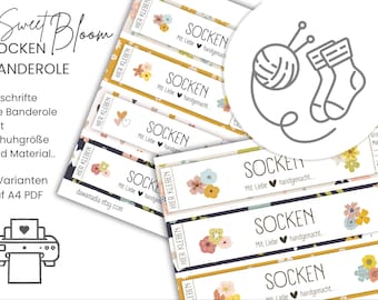 Sokkenbandjes printen | Afdrukken PDF Downloaden | Lentebloemen variant bloemrijk | 2 sjablonen label handgebreide kousen