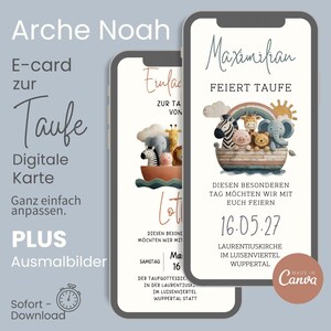 Digitale doopuitnodiging l direct downloaden I kleurrijke Ark van Noach l e-card l Canva-sjabloon l WhatsApp l met kleurplaten voor kinderen die op bezoek komen