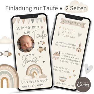 Convite para celular de 2 páginas l Boho arco-íris l convite digital para batismo l e-card l modelo Canva Jonas l convite para WhatsApp l bege