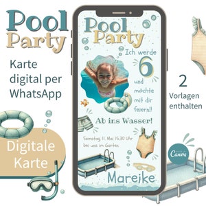 Digitale Einladungskarte Kindergeburtstag I Pool Party I eCard I Schwimmen I Einladung per WhatsApp I Vorlage Canva I Schwimmgeburtstag
