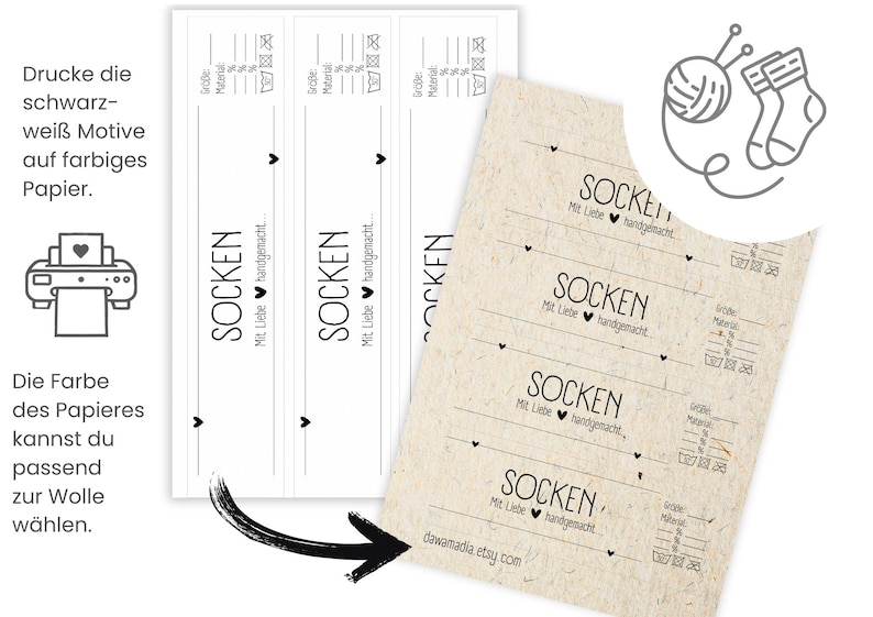Op de afbeelding: Printbare sokketetiketten met de tekst "SOCKEN Mit Liebe handgemacht" die op elk etiket wordt herhaald. De etiketten zijn ontworpen om op gekleurd papier te worden afgedrukt en bieden ruimte voor maat, materiaal en wasinstructies.