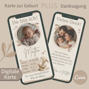 Birth announcement with thank you note I Thank you I Two in One I For the birth I Boho l digital cards l e-card l template Canva Matteo l WhatsApp card