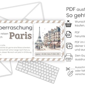 Reisvoucher | Bewerkbare voucher | Korte trip naar Parijs | Voucherreizen | verjaardag | PDF-sjabloon afdrukken l Surprise Parijs 3