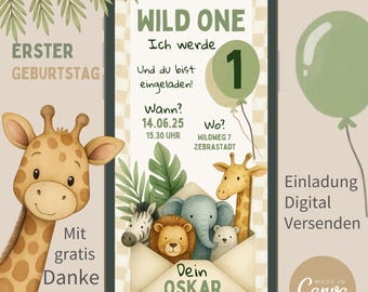 Digital invitation card 1st birthday children's birthday jungle invitation eCard Wild One via WhatsApp template Canva Oskar wild animals
