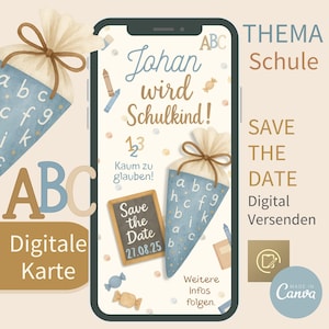 Segna la data per l'iscrizione a scuola | Primo giorno di scuola | Invito digitale modello Canva inviabile tramite WhatsApp – disegno acquerello – beige blu