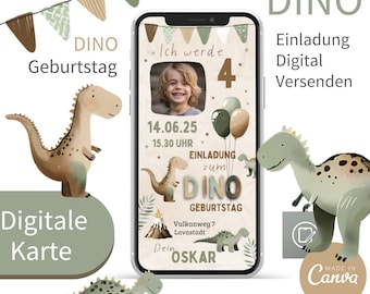 Digital invitation card children&#39;s birthday dino invitation eCard dinosaur invitation via WhatsApp template Canva Oskar dinosaur