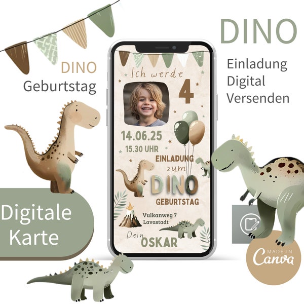 Digitale Einladungskarte Kindergeburtstag Dino Einladung  eCard   Dinosaurier Einladung per WhatsApp Vorlage Canva Oskar Dinosaur