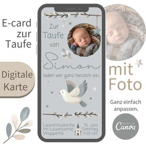 Convite móvel l Boho pomba l convite digital batismo l e-card l template Canva Simon l convite WhatsApp l bege pomba azul