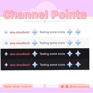 May include: A graphic showing four different sizes of a blue and pink star icon. The text "Channel Points" is at the top of the graphic. The text "alex.doodles3: Testing some icons" is repeated four times, once for each size of the star icon. The text "28x28 56x56 112x112" is at the bottom of the graphic.
