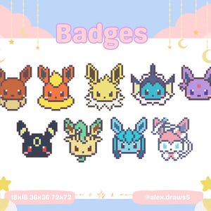 May include: A set of eight pixel art badges featuring various Pokemon characters. The badges are in a variety of colours, including red, orange, yellow, green, blue, purple, and pink. The badges are arranged in two rows of four. The text "Badges" is at the top of the image. The text "18x18 36x36 72x72" is at the bottom left of the image. The text "#alex.draws5" is at the bottom right of the image.