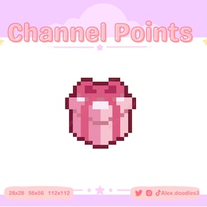 Puede incluir: Una caja de regalo pixelada de color rosa con un lazo rojo. La caja está sobre un fondo blanco con el texto "Channel Points" en la parte superior.