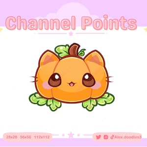 May include: A cute cartoon pumpkin-cat character with orange fur, green leaves, and a brown stem. The image has the text "Channel Points" in pink and includes social media icons and sizes.