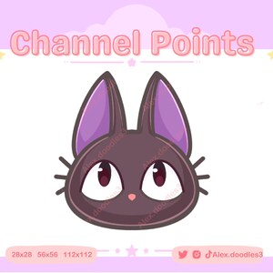 May include: A cartoon black cat with purple ears and a pink nose. The cat has large, round eyes and a surprised expression. The cat is looking to the right. The background is a light pink with white clouds and stars.