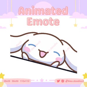 Peut inclure: Graphique d'émoticône animée représentant un personnage de dessin animé blanc avec des oreilles marron, des joues roses et un visage souriant. Le personnage est allongé sur une surface noire. Le fond est violet clair avec des nuages et des étoiles roses.