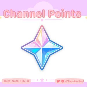 Peut inclure: Un autocollant en forme d'étoile iridescent bleu, rose et blanc avec le texte "Channel Points" au-dessus. L'autocollant est sur un fond rose avec des étoiles blanches et une bordure blanche.