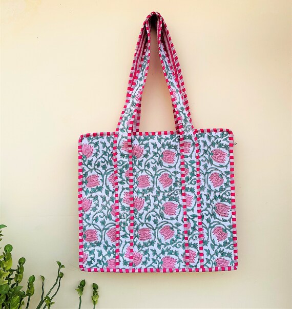 TOTE BAG - Quilted Cotton Block Printed Large Tot… - image 7