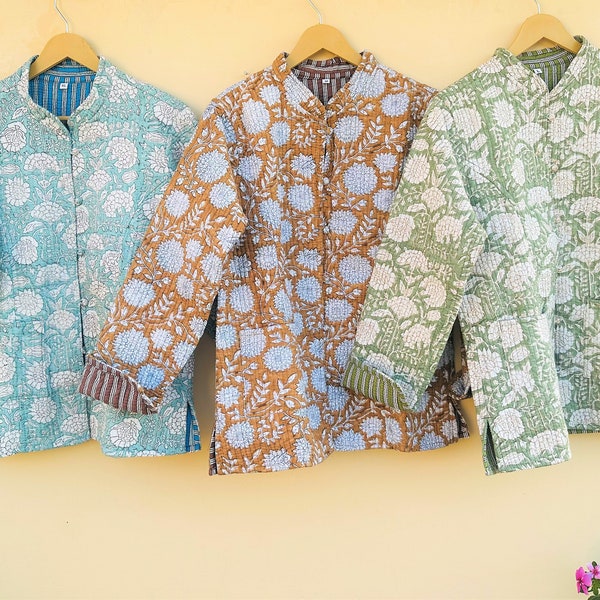 Indian Block Print Fabric Quilted Jacket Reversible Short Kimono Women Wear New Style Flower Coat Jackets