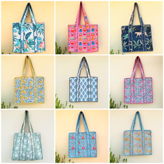 TOTE BAG - Quilted Cotton Block Printed Large Tot… - image 1